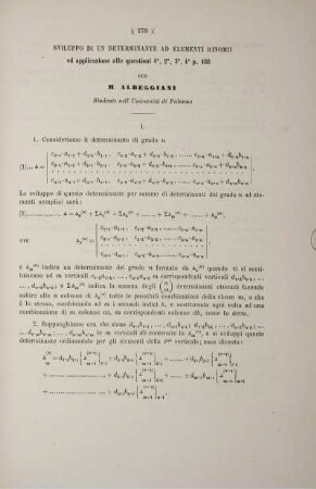 Sviluppo di un determinante ad elementi binomii ed applicazione alle questioni 1, 2, 3, 4 (p. 188).