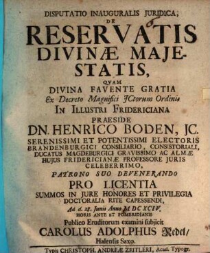 Disp. inaug. iur. de reservatis divinae maiestatis