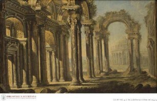 Architekturansicht mit antiken Ruinen (im Hintergrund der Tempietto Bramantes?)