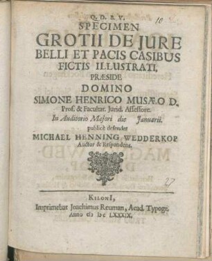 Specimen Grotii De Jure Belli Et Pacis Casibus Fictis Illustrati