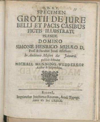 Specimen Grotii De Jure Belli Et Pacis Casibus Fictis Illustrati
