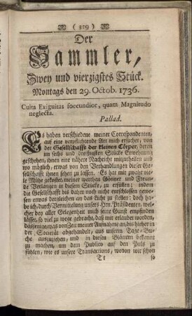 Zwey und vierzigstes Stück. Montags den 29. Octob. 1736.