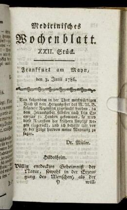 XXII. Stück. Frankfurt am Mayn, den 3. Junii 1786. - XXV. Stück. Frankfurt am Mayn, den 24. Junii 1786.