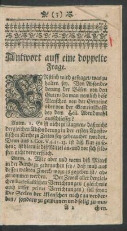 Antwort auff eine doppelte Frage