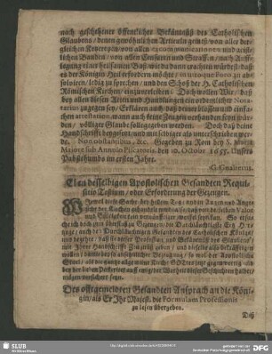 Eben desselbigen Apostolischen Gesandten Requsito Testium, oder Erforderung der Gezeugen