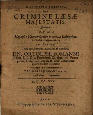 Disputatio Iuridica De Crimine Laesae Maiestatis