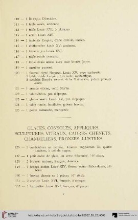 Glaces, consoles, appliques, sculptures, vitraux, cadres, chenets, chandeliers, bronzes, lustres (Nr. 126-157)