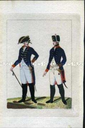 Uniformdarstellung, Offizier und Gemeiner der Artillerie, Königreich Preußen, 1789, Tafel aus: Horvath: Preussische Armee-Uniformen unter der Regierung Friedrich Wilhelm II.