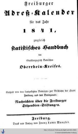 Freiburger Adreß-Kalender : für das Jahr 1841