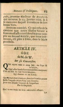 Article IV. Ode de M. de W. Sur sa Conversion