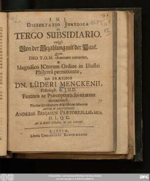 Dissertatio Iuridica De Tergo Subsidiario. vulgo Von der Bezahlung mit der Haut
