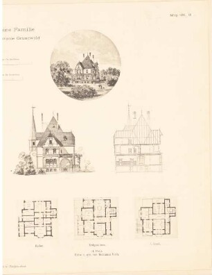 Villa für eine Familie, Berlin-Grunewald Monatskonkurrenz September 1892: Grundriss Keller, Erdgeschoss, Obergeschoss, Aufriss Südansicht (zum See), perspektivische Ansicht; 2 Maßstabsleisten