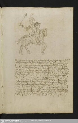 8r: lavierte Federzeichnung: Gepanzerter Ritter zu Pferd, in der Rechten eine dornenbesetzte Keule schwingend, Schild mit Geweihstange als Wappenbild