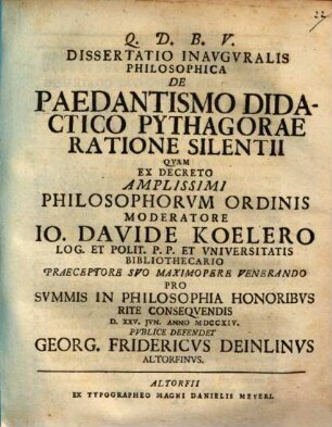 Diss. inaug. philos. de paedantismo didactico Pythagorae ratione silentii