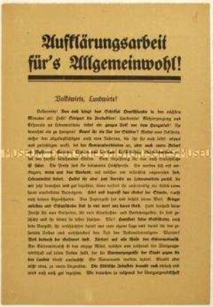 Aufruf an Landwirte zur Unterstützung der Wirtschaft im Zuge der Revolution 1918/1919