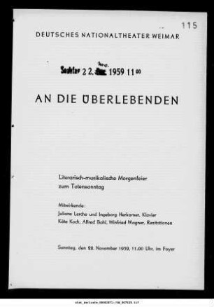 An die Überlebenden [...] Morgenfeier zum Totensonntag