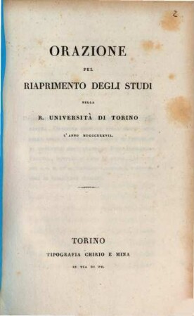 Orazione pel riaprimento degli studi nella R. Università di Torino l'anno 1837