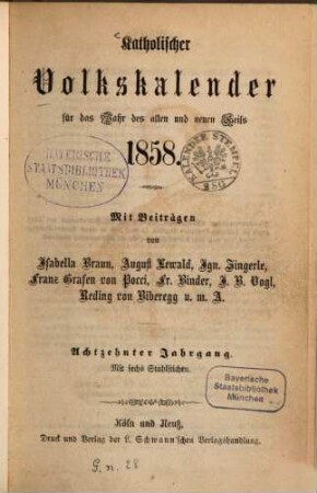 Katholischer Volkskalender : f. d. J. des alten u. neuen Heils, 1858 = Jg. 18