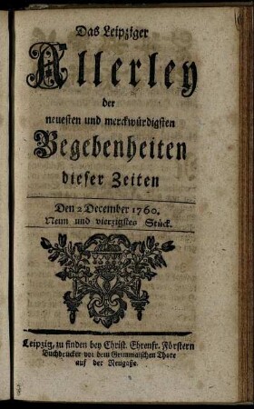 Den 2 December 1760. Neun und vierzigstes Stück.
