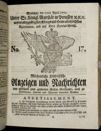 No. 17. Montags, den 22ten April 1771.