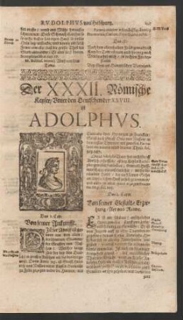 Der XXXII. Römische Keyser/ Unter den Deutschen der XXVIII. ist Adolphus.