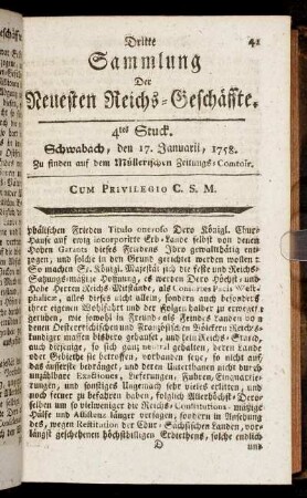 4tes Stuck. Schwabach, den 17. Januarii, 1758.