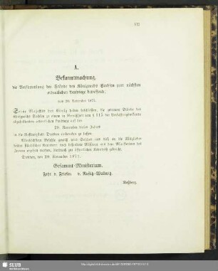 A. Bekannntmachung, die Versammlung der Stände des Königreichs Sachsen zum nächsten ordentlichen Landtage betreffend; vom 20. November 1871