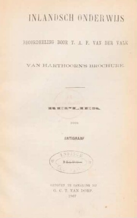 Inlandsch onderwijs beoordeeling door T. A. F. van der Valk van Harthoorn's brochure