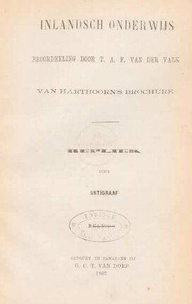 Inlandsch onderwijs beoordeeling door T. A. F. van der Valk van Harthoorn's brochure