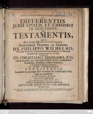 Dissertatio Inauguralis Juridica, De Differentiis Juris Civilis Et Canonici In Doctrina De Testamentis