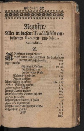 Register, Aller in diesem Tractätlein enthaltenen Recepten und Medicamenten