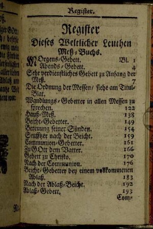 Register Dieses Weltlicher Leuthen Meß-Buchs.