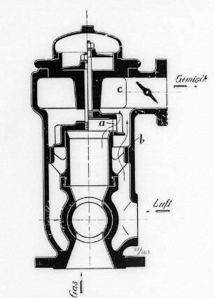 Gas-Luft-Mischventil für einen Gasmotor, Schema : Technikgeschichte | Maschinenbau | Kraftmaschinen | Gasgeneratoren, Gasmaschinen
