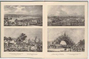 4 Darstellungen: zwei Schlachten während der Befreiungskriege, Abzug der Franzosen und Empfang des heimkehrenden Königs Friedrich August, aus dem 2. Teil der Dresdner Bilderchronik, Lichtdruck nach Radierungen