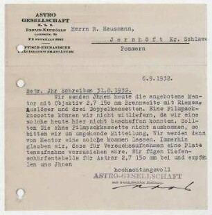 Postkarte von Astro-Gesellschaft m.b.H an Raoul Hausmann. Berlin