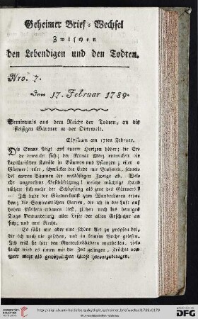 Geheimer Brief-Wechsel zwischen den Lebendigen und den Todten Nro. 7
