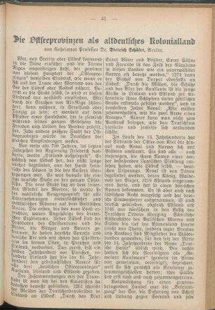 Die Ostseeprovinzen als altdeutsches Kolonialland von Geheimrat Professor Dr. Dietrich Schäfer, Berlin.