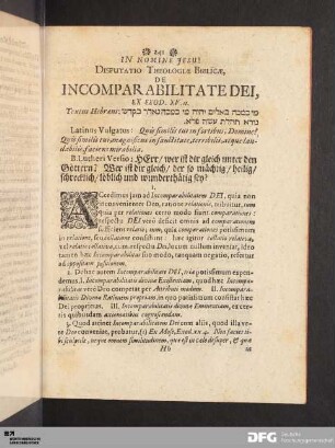 Disputatio Theologiae Biblicae, De Incomparabilitate Dei.