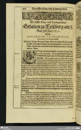 Die eilffte Klag: und Trawrpredigt, Gehlaten zu Felßberg, am 3. Maji, Im Jahr 1632