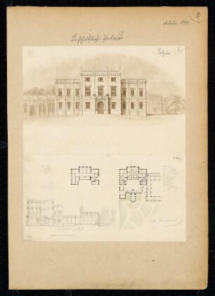 Bischöflicher Palast Monatskonkurrenz Februar 1844: Grundriss Erdgeschoss, Obergeschoss, Aufriss Vorderansicht, Längsschnitt; 2 Maßstabsleisten