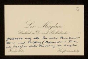 Visitenkarte von Leo Mugdan für Otto von Gierke, Berlin, 10.1.1921