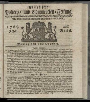 42tes Stueck, Montag den 17ten October. 1768