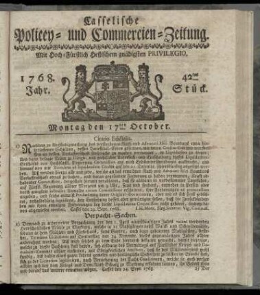 42tes Stueck, Montag den 17ten October. 1768