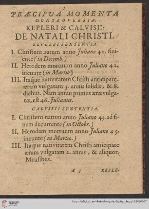 Præcipva Momenta Controversiæ. Kepleri & Calvisii: De Natali Christi