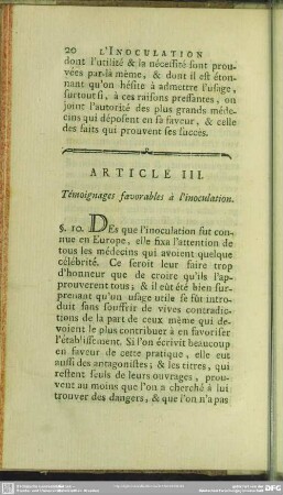 Article III. Témoignages favorables à l'inoculation