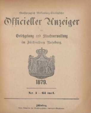 1879: Großherzoglich-Mecklenburg-Strelitzscher offizieller Anzeiger für Gesetzgebung und Staatsverwaltung im Fürstentum Ratzeburg