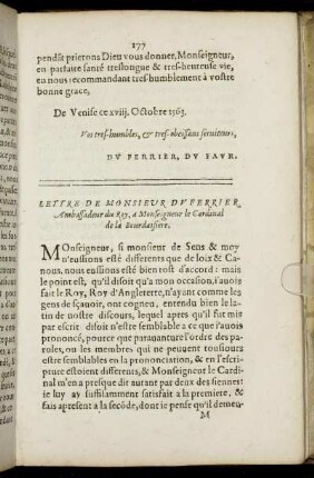 Lettre De Monsieur Du Ferrier à Monsieur le Cardinal de la Bourdaisiere