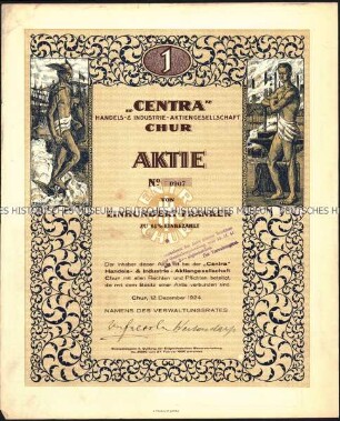 Aktie der "Centra" Handels- & Industrie-Aktiengesellschaft über 100 Schweizer Franken, mit Kupons