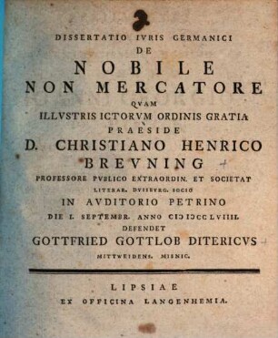 Diss. iur. Germanici de nobile non mercatore