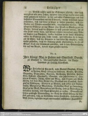 No. 8. Ihro Königl. Maj. in Pohlen und Churfürstl. Durchl. zu Sachsen [et]c. Allergnädigstes Patent, die Nacht-Laternen zu Leipzig betreffend